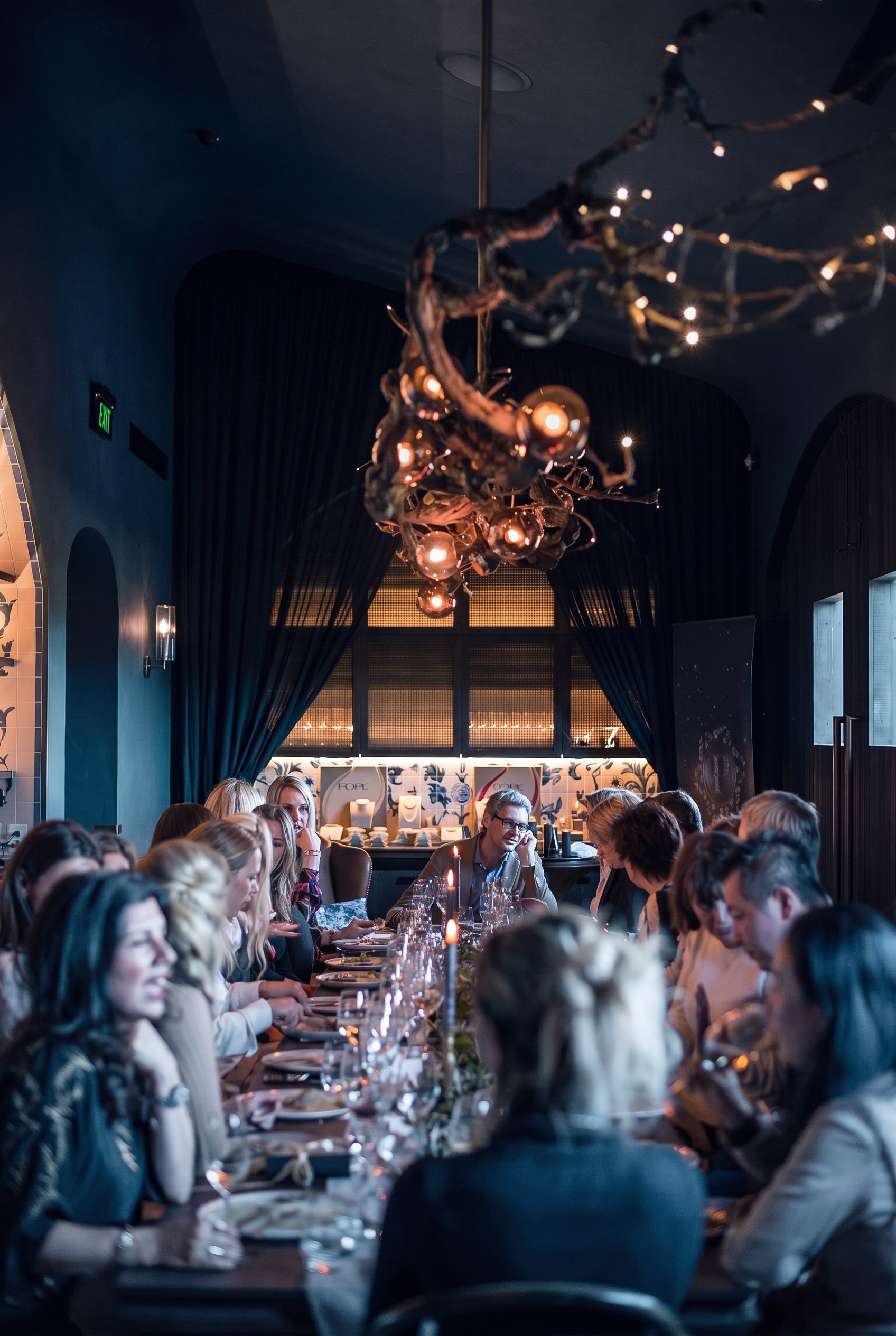An intimate candlelit dinner salon with health innovators in conversation